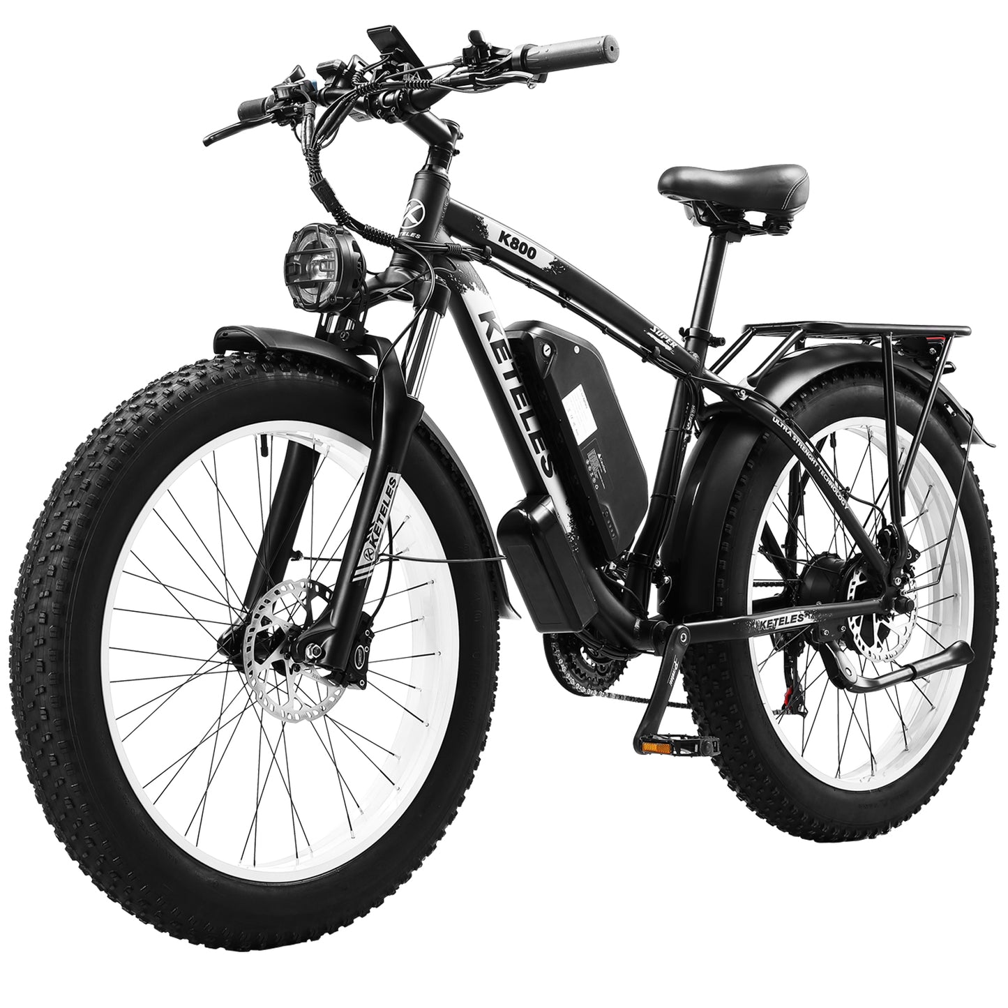 Black KETELES K800 Dual Motor Mountain E-Bike 48V 23Ah 26" Fat Tire Ebike