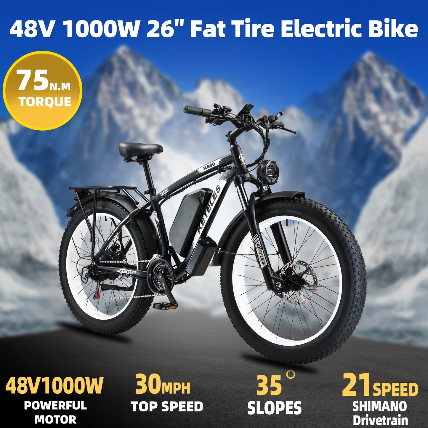 Dark Slate Blue KETELES K800 Dual Motor Mountain E-Bike 48V 23Ah 26" Fat Tire Ebike